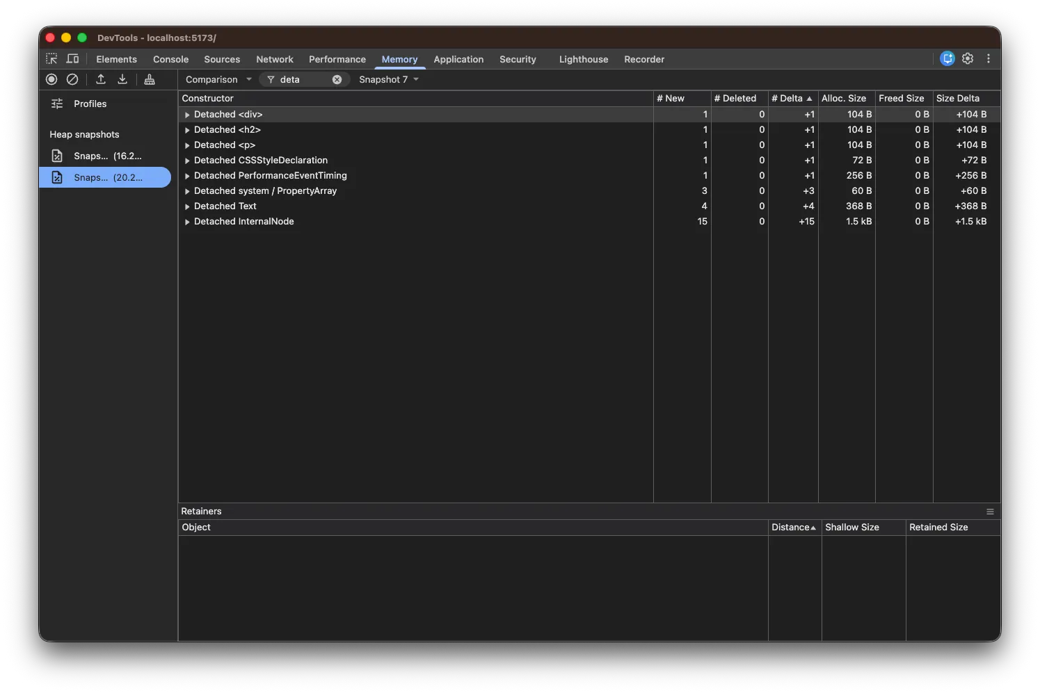 Chrome DevTools Memory tab Heap Snapshot in Comparison view showing detached nodes