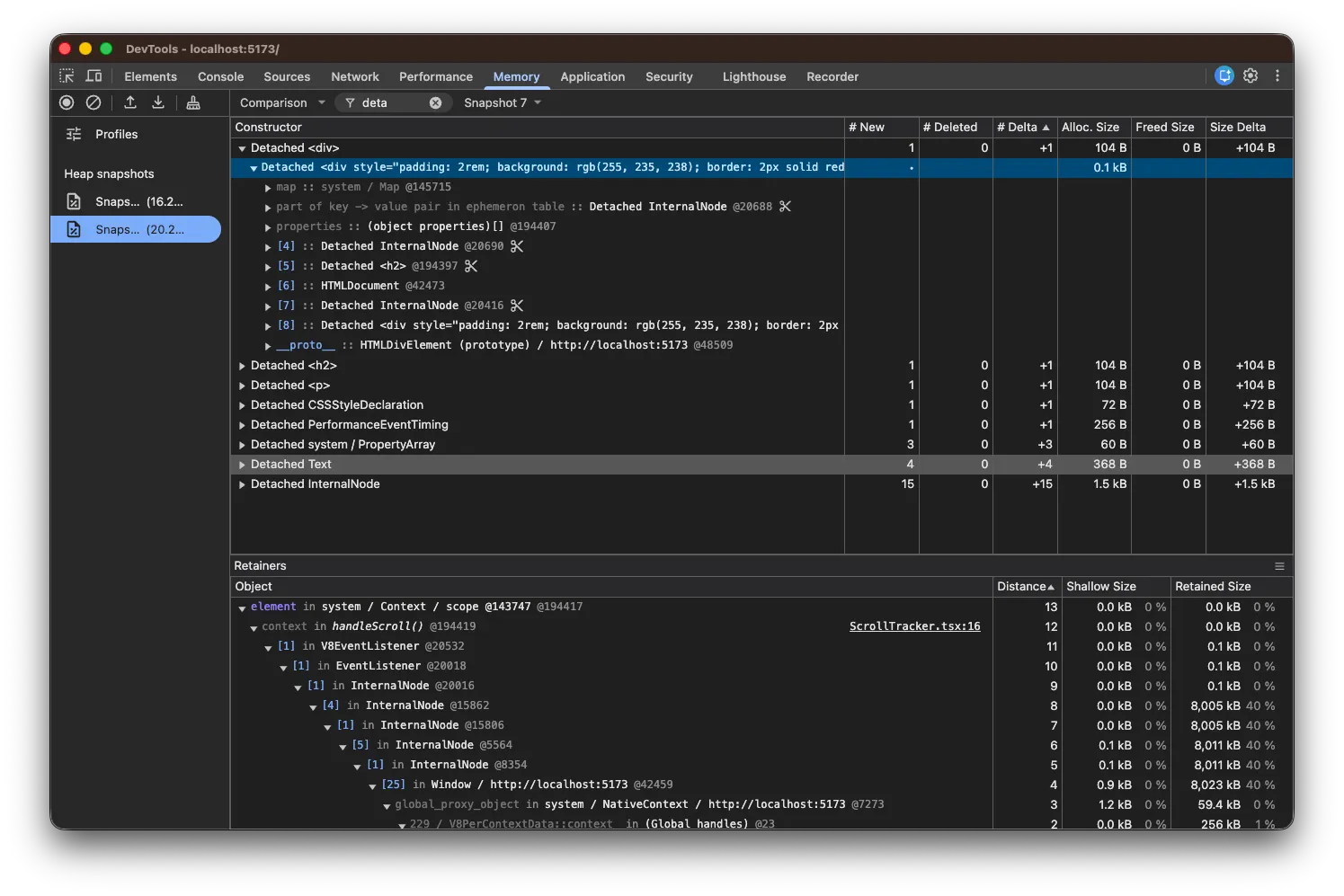 Chrome DevTools Retainers panel showing the handleScroll closure retaining path